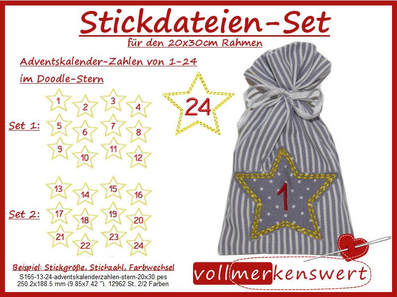 Stickdatei Adventskalender-Zahlen 1-24 im Doodle-Stern 2 Sets mit 24 Sternen für Weihnachten Adventskalenderzahlen S165